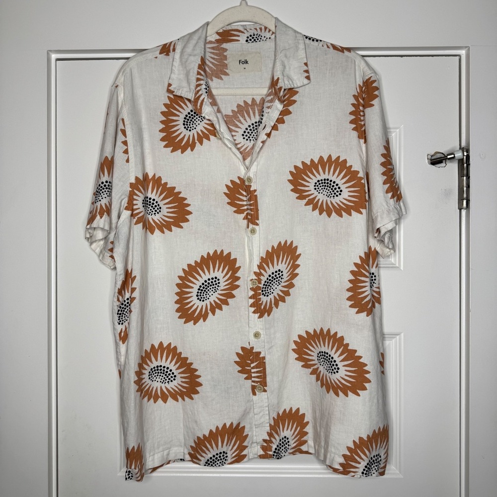 Folk Shirt Men Medium Ivory Floral Linen Blend Button Up Short Sleeves